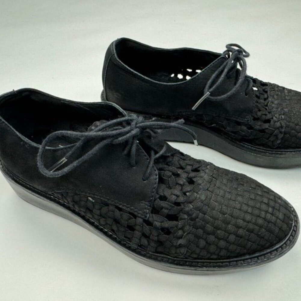 Eileen Fisher Woven Creeper Platform Women 6.5 EUC Lace-up Leather Black Shoes